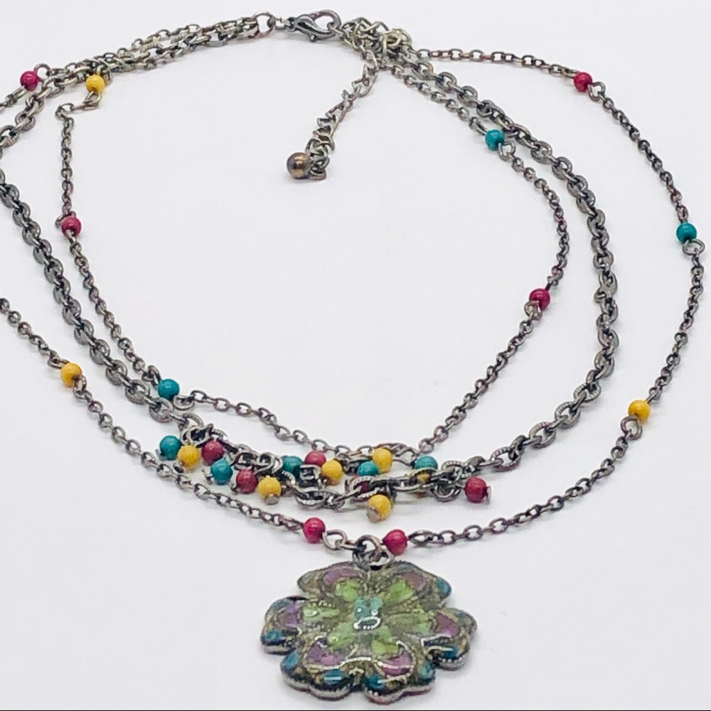Gunmetal necklace with enameled pendant